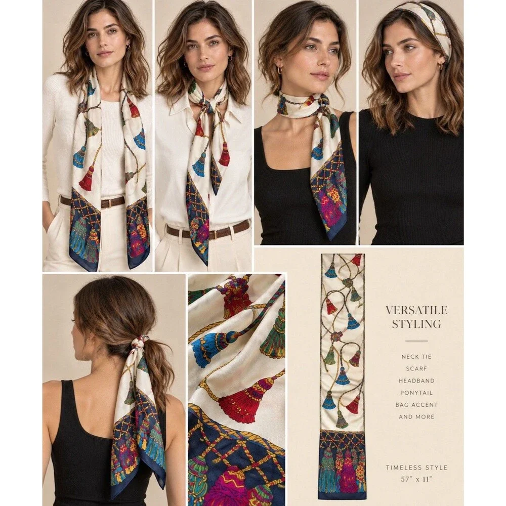 Echo Womens Silk Rectangle Tassel Rope Printed Scarf White Multi 57” X 11” EUC